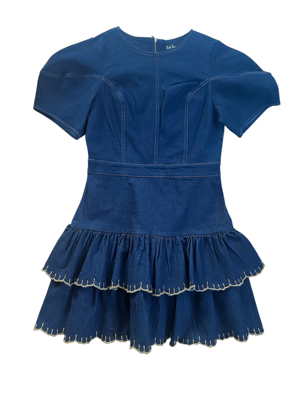 En Saison Boho Contrast Stitched Ruffle Tiered Flouncy Denim Festival Mini Dress